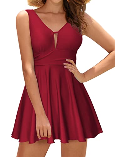 SHEKINI Damen Einteilige Badeanzug Elegant Badeanzugkleid Badekleid Schwimmrock Retro Ruched Bauchweg Schwimmkleid Baderock Tankini（L，B-weinrot） von SHEKINI