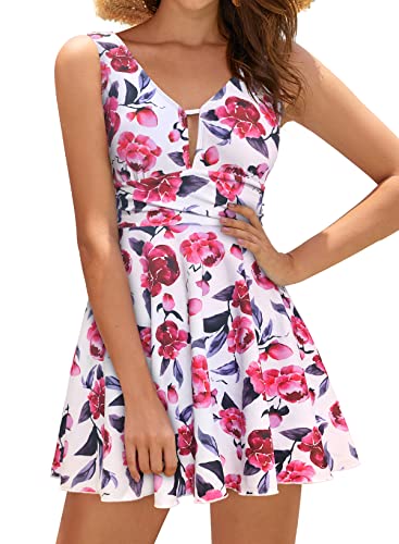 SHEKINI Damen Einteilige Badeanzug Elegant Badeanzugkleid Badekleid Schwimmrock Retro Ruched Bauchweg Schwimmkleid Baderock Tankini（L，Weiß-f） von SHEKINI