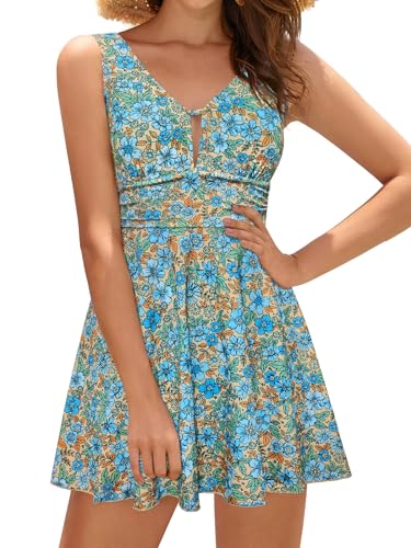 SHEKINI Damen Einteilige Badeanzug Elegant Badeanzugkleid Badekleid Schwimmrock Retro Ruched Bauchweg Schwimmkleid Baderock Tankini（M，Grüne Blätter, Blumen） von SHEKINI