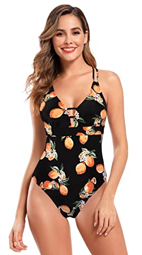 SHEKINI Damen Einteilige Badeanzug Raffung Verstellbar Bauchweg Bademode Kreuz Schnürung Rückenfrei Monokini Strandmode(M,Zitrone) von SHEKINI