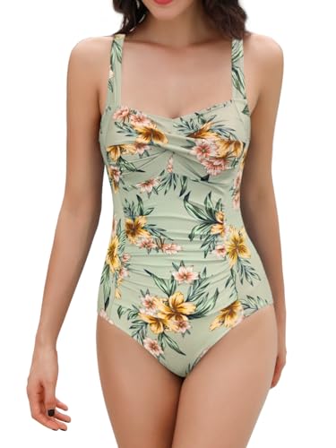 SHEKINI Damen Einteilige Badeanzug Retro Verstellbarer Strandbikini Ruched Bauchweg Belly Kontrolle Bademode Einteiliger Badeanzüge für Damen（S,A-grau Grün） von SHEKINI