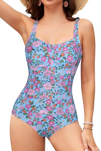 SHEKINI Damen Einteilige Badeanzug Retro Schlankheits Ruched Bauchweg Bademode Halter Große Größe Modest Badeanzüge für Damen(Blaue Kirschblüte,M) von SHEKINI