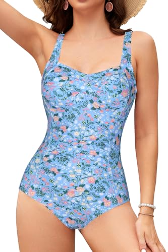 SHEKINI Damen Einteilige Badeanzug Retro Schlankheits Ruched Bauchweg Bademode Halter Große Größe Modest Badeanzüge für Damen(Gelb Rosa Blümchen,L) von SHEKINI