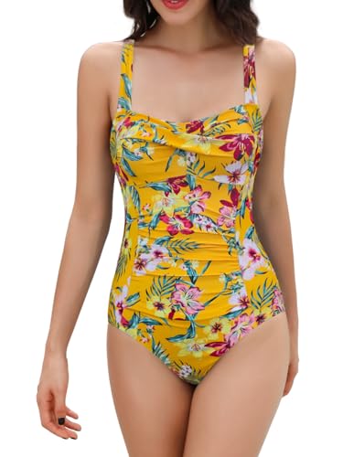 SHEKINI Damen Einteilige Badeanzug Retro Verstellbarer Strandbikini Ruched Bauchweg Belly Kontrolle Bademode Einteiliger Badeanzüge für Damen(L,A-Gelb JH) von SHEKINI