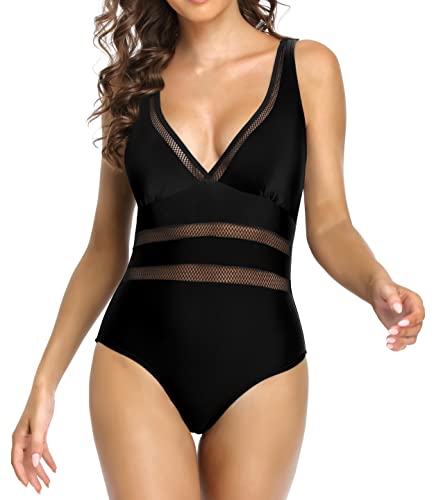 SHEKINI Damen Einteilige Badeanzug Tiefen V Ausschnitt Retro Mesh Entwerfen Bademode Rückenfrei Slim Kreuz Träger Sport Einteiliger Swimsuit für Frauen(L,Schwarz) von SHEKINI