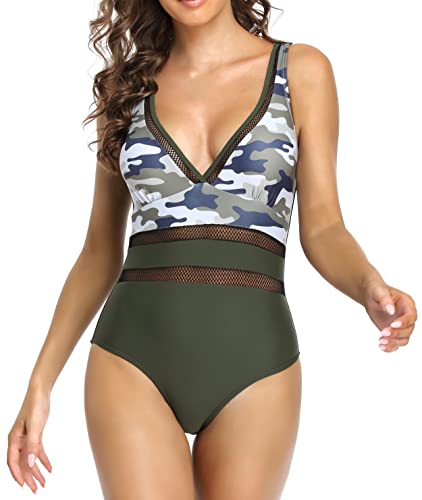 SHEKINI Damen Einteilige Badeanzug Tiefen V Ausschnitt Retro Mesh Entwerfen Bademode Rückenfrei Slim Kreuz Träger Sport Einteiliger Swimsuit für Frauen(M,Grün) von SHEKINI