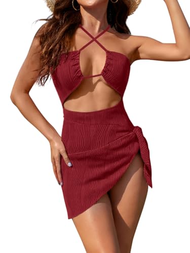 SHEKINI Damen Einteilige Badeanzug Tiefer Ausschnitt Neckholder Schnürung Monokini Cutout Crossover Gerippte Textur Bademode mit Cover Up Rock（L,Weinrot） von SHEKINI