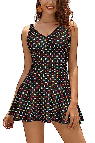 SHEKINI Damen Einteilige Badeanzug V-Ausschnitt Elegant Badeanzugkleid Badekleid Schwimmrock Retro Ruched Bauchweg Schwimmkleid Baderock Tankini(A-farbige Punkte,X-Small) von SHEKINI