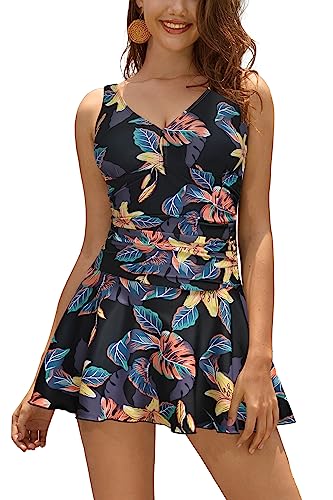 SHEKINI Damen Einteilige Badeanzug V-Ausschnitt Elegant Badeanzugkleid Badekleid Schwimmrock Retro Ruched Bauchweg Schwimmkleid Baderock Tankini(A-schwarz Hd,X-Small) von SHEKINI