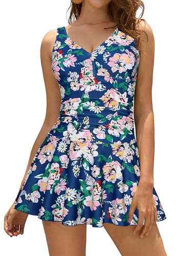 SHEKINI Damen Einteilige Badeanzug V-Ausschnitt Elegant Badeanzugkleid Badekleid Schwimmrock Retro Ruched Bauchweg Schwimmkleid Baderock Tankini(Blume D,X-Large) von SHEKINI