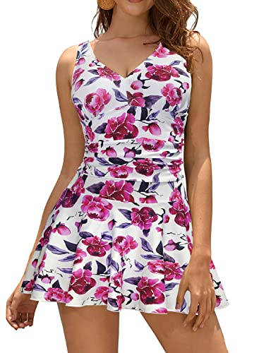 SHEKINI Damen Einteilige Badeanzug V-Ausschnitt Elegant Badeanzugkleid Badekleid Schwimmrock Retro Ruched Bauchweg Schwimmkleid Baderock Tankini(L,Weiß-rosa) von SHEKINI