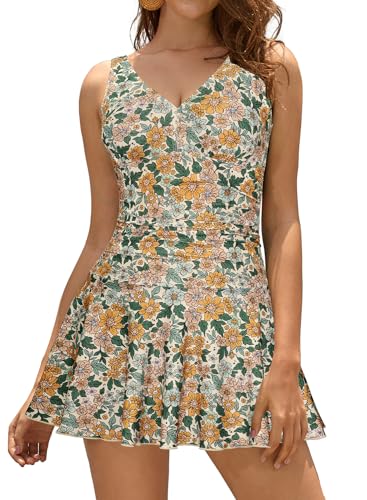 SHEKINI Damen Einteilige Badeanzug V-Ausschnitt Elegant Badeanzugkleid Badekleid Schwimmrock Retro Ruched Bauchweg Schwimmkleid Baderock Tankini(Orange Ditsy Print,Large) von SHEKINI