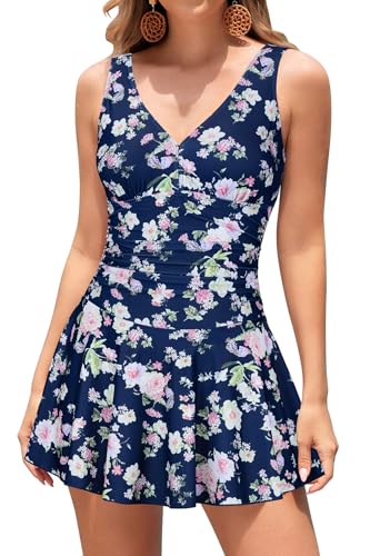 SHEKINI Damen Einteilige Badeanzug V-Ausschnitt Elegant Badeanzugkleid Badekleid Schwimmrock Retro Ruched Bauchweg Schwimmkleid Baderock Tankini(Pfingstrose,X-Large) von SHEKINI