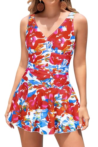 SHEKINI Damen Einteilige Badeanzug V-Ausschnitt Elegant Badeanzugkleid Badekleid Schwimmrock Retro Ruched Bauchweg Schwimmkleid Baderock Tankini(Rote Blume,Medium) von SHEKINI
