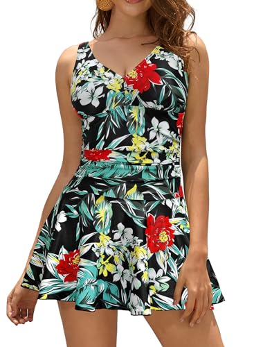 SHEKINI Damen Einteilige Badeanzug V-Ausschnitt Elegant Badeanzugkleid Badekleid Schwimmrock Retro Ruched Bauchweg Schwimmkleid Baderock Tankini(Schwarze Blume,Medium) von SHEKINI