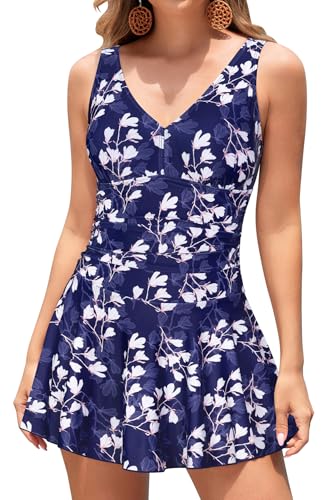 SHEKINI Damen Einteilige Badeanzug V-Ausschnitt Elegant Badeanzugkleid Badekleid Schwimmrock Retro Ruched Bauchweg Schwimmkleid Baderock Tankini(Tiefblauer Druck,X-Large) von SHEKINI