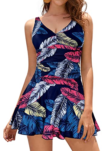 SHEKINI Damen Einteilige Badeanzug V-Ausschnitt Elegant Badeanzugkleid Badekleid Schwimmrock Retro Ruched Bauchweg Schwimmkleid Baderock Tankini（XL，A-Blaue Blätter） von SHEKINI