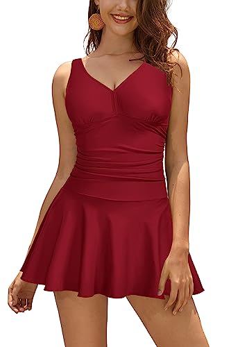 SHEKINI Damen Einteilige Badeanzug V-Ausschnitt Elegant Badeanzugkleid Badekleid Schwimmrock Retro Ruched Bauchweg Schwimmkleid Baderock Tankini（S，A-weinrot） von SHEKINI