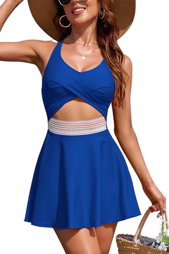 SHEKINI Damen Einteiliger Badeanzug Badeanzugkleid Elegant Ruched Badekleid Einteilige Schwimmanzug(Blau,XL) von SHEKINI