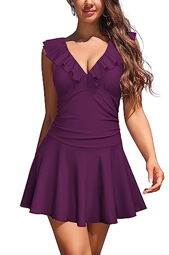 SHEKINI Damen Einteiliger Badeanzug Badeanzugkleid V-Ausschnitt Rüsche Schwimmrock Ruched Retro Bauchweg Bauchkontrolle Badekleid für Damen （L,Violett von SHEKINI