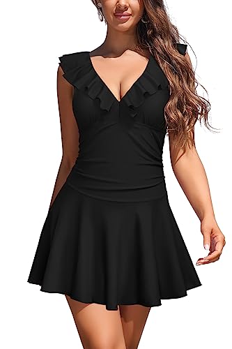 SHEKINI Damen Einteiliger Badeanzug Badeanzugkleid V-Ausschnitt Rüsche Schwimmrock Ruched Retro Bauchweg Bauchkontrolle Badekleid für Damen （M,Schwarz von SHEKINI