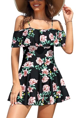 SHEKINI Damen Einteiliger Badeanzug Badekleid Rückenfrei Baderock Ruched Bauchweg Bauchkontrolle Damen Strandbadeanzug Bademode Großer Größe Schwimmrock(M,Schwarz - Hibiskusblüte) von SHEKINI