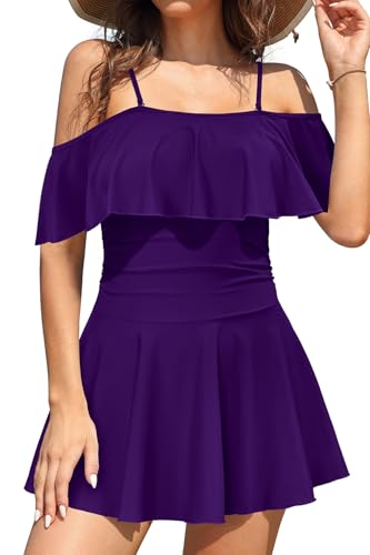 SHEKINI Damen Einteiliger Badeanzug Badekleid Rückenfrei Baderock Ruched Bauchweg Bauchkontrolle Damen Strandbadeanzug Bademode Großer Größe Schwimmrock(M,Tiefes Lila) von SHEKINI