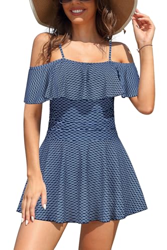 SHEKINI Damen Einteiliger Badeanzug Badekleid Rückenfrei Baderock Ruched Bauchweg Bauchkontrolle Damen Strandbadeanzug Bademode Großer Größe Schwimmrock(M,Wellenlänge) von SHEKINI