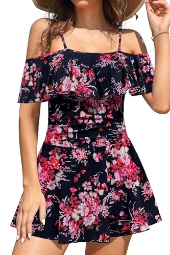 SHEKINI Damen Einteiliger Badeanzug Badekleid Rückenfrei Baderock Ruched Bauchweg Bauchkontrolle Damen Strandbadeanzug Bademode Großer Größe Schwimmrock(S,Blau Drucken) von SHEKINI