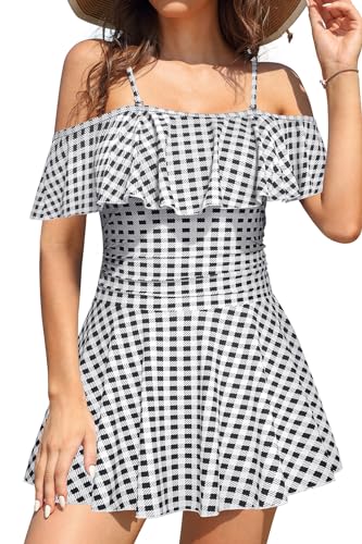 SHEKINI Damen Einteiliger Badeanzug Badekleid Rückenfrei Baderock Ruched Bauchweg Bauchkontrolle Damen Strandbadeanzug Bademode Großer Größe Schwimmrock(S,Schwarz Weiß Streifen Plaid) von SHEKINI