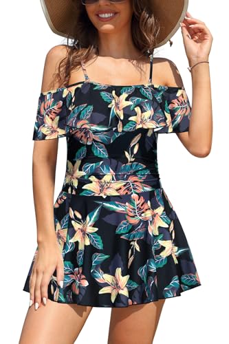 SHEKINI Damen Einteiliger Badeanzug Badekleid Rückenfrei Baderock Ruched Bauchweg Bauchkontrolle Damen Strandbadeanzug Bademode Großer Größe Schwimmrock(S,Schwarzer Hibiskus Druck) von SHEKINI
