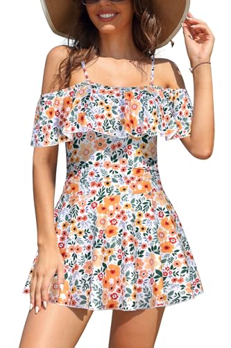 SHEKINI Damen Einteiliger Badeanzug Badekleid Rückenfrei Baderock Ruched Bauchweg Bauchkontrolle Damen Strandbadeanzug Bademode Großer Größe Schwimmrock(XL,Orange Violett) von SHEKINI