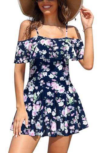 SHEKINI Damen Einteiliger Badeanzug Badekleid Rückenfrei Baderock Ruched Bauchweg Bauchkontrolle Damen Strandbadeanzug Bademode Großer Größe Schwimmrock(XL,Pfingstrose Muster) von SHEKINI