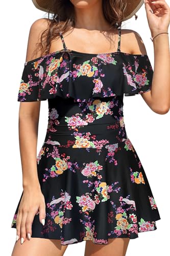 SHEKINI Damen Einteiliger Badeanzug Badekleid Rückenfrei Baderock Ruched Bauchweg Bauchkontrolle Damen Strandbadeanzug Bademode Großer Größe Schwimmrock(XL,Schwarz Floral) von SHEKINI