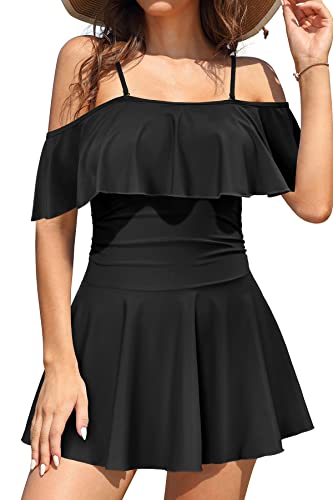 SHEKINI Damen Einteiliger Badeanzug Badekleid Rückenfrei Baderock Ruched Bauchweg Bauchkontrolle Damen Strandbadeanzug Bademode Großer Größe Schwimmrock(XS,Schwarz B) von SHEKINI