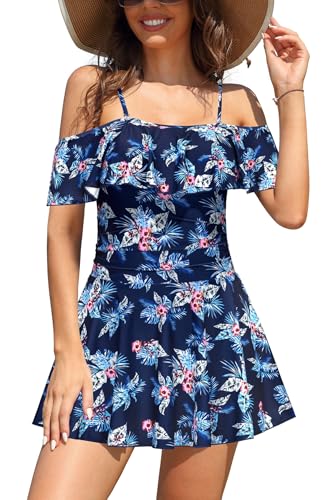 SHEKINI Damen Einteiliger Badeanzug Badekleid Rückenfrei Baderock Ruched Bauchweg Bauchkontrolle Damen Strandbadeanzug Bademode Großer Größe Schwimmrock(XXL,Marineblaue Trompetenblume) von SHEKINI