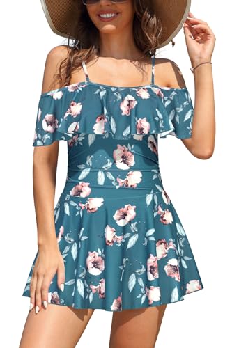 SHEKINI Damen Einteiliger Badeanzug Badekleid Rückenfrei Baderock Ruched Bauchweg Bauchkontrolle Damen Strandbadeanzug Bademode Großer Größe Schwimmrock(XXL,Tiefgrün - Blume) von SHEKINI