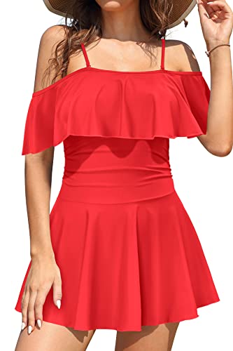 SHEKINI Damen Einteiliger Badeanzug Badekleid Rückenfrei Baderock Ruched Bauchweg Bauchkontrolle Damen Strandbadeanzug Bademode Großer Größe Schwimmrock (L, Rot B) von SHEKINI