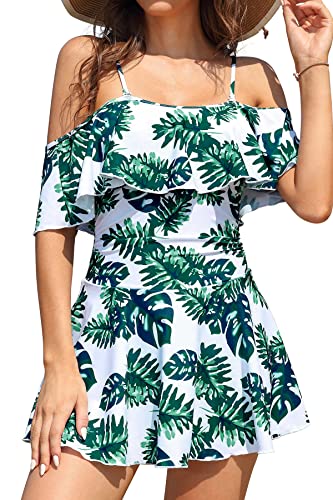 SHEKINI Damen Einteiliger Badeanzug Badekleid Rückenfrei Baderock Ruched Bauchweg Bauchkontrolle Tankini Damen Strandbadeanzug Bademode Großer Größe Schwimmrock(XXL,Grün Z) von SHEKINI