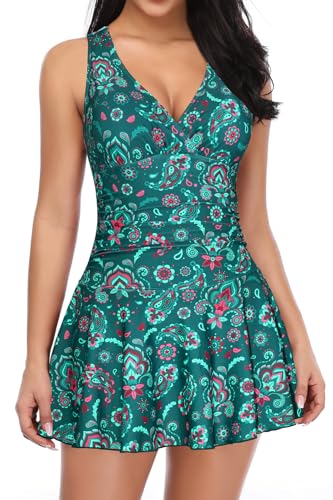 SHEKINI Damen Einteiliger Badeanzug Badekleid Rückenfrei Baderock Ruched Bauchweg Bauchkontrolle Tankini Damen Strandbadeanzug Bademode Großer Größe Schwimmrock (Small, Grüner Paisley) von SHEKINI