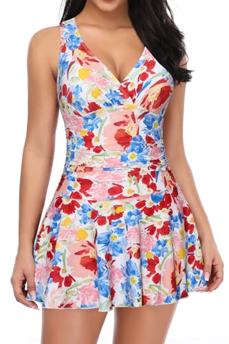 SHEKINI Damen Einteiliger Badeanzug Badekleid Rückenfrei Baderock Ruched Bauchweg Bauchkontrolle Tankini Damen Strandbadeanzug Bademode Großer Größe Schwimmrock (Small, Rot Blau Aquarell Blume) von SHEKINI