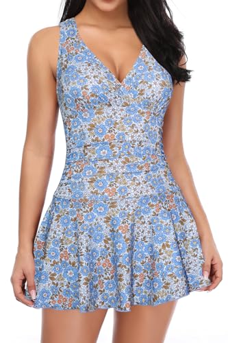 SHEKINI Damen Einteiliger Badeanzug Badekleid Rückenfrei Baderock Ruched Bauchweg Bauchkontrolle Tankini Damen Strandbadeanzug Bademode Großer Größe Schwimmrock (XX-Large, Light Blue Apricot) von SHEKINI