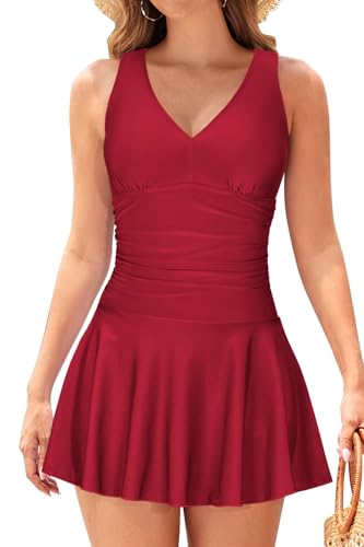 SHEKINI V-Ausschnitt Badeanzug Damen Badekleid Abdomen Kontrolle Bademode Damen Große Größe(M, Weinrot) von SHEKINI