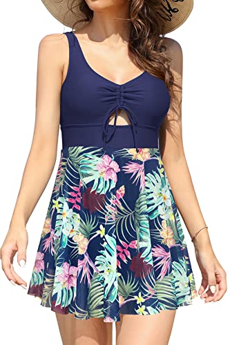 SHEKINI Damen Einteiliger Badeanzug Baderock Verstellbar Kordelzug Cutout Badekleid Damen Schwimmkleid Badeanzug Damen Bauchweg(L,Dunkelblau) von SHEKINI