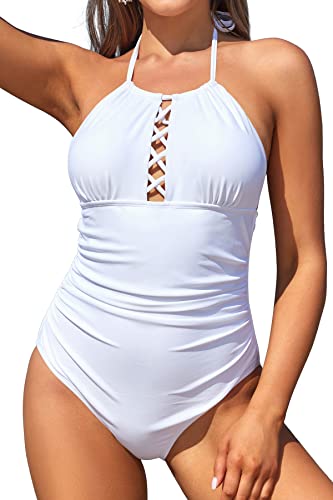 SHEKINI Damen Einteiliger Badeanzug Cutout Ruched Shape Bauchweg Bauchkontrolle Neckholder Verstellbar Strandbikinis für Frauen (XL,Weiß) von SHEKINI