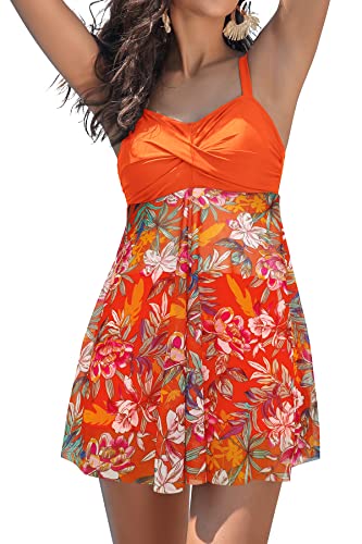 SHEKINI Damen Einteiliger Badeanzug Elegant Badekleider Schwimmrock Retro Rückenfrei Ruched Badekleid Bauchweg Schwimmkleid Baderock(L,Fluoreszierendes Orange) von SHEKINI