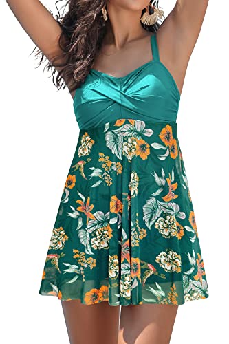 SHEKINI Damen Einteiliger Badeanzug Elegant Badekleider Schwimmrock Retro Rückenfrei Ruched Badekleid Bauchweg Schwimmkleid Baderock(M,Dunkelgrün) von SHEKINI