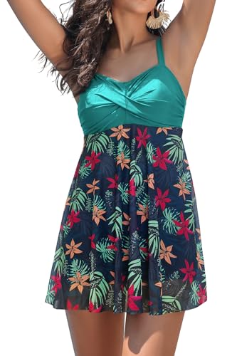 SHEKINI Damen Einteiliger Badeanzug Elegant Badekleider Schwimmrock Retro Rückenfrei Ruched Badekleid Bauchweg Schwimmkleid Baderock(S,Dunkelgrün-YB) von SHEKINI