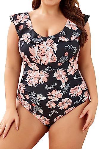 SHEKINI Damen Einteiliger Badeanzug Elegant Rüschen Niedriger Kragen Bauchweg Bademode Ruched Rückenfrei Badeanzug Damen für Große Größe Oberweite(Rosa Blumen,3XL) von SHEKINI