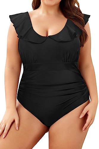 SHEKINI Damen Einteiliger Badeanzug Elegant Rüschen Niedriger Kragen Bauchweg Bademode Ruched Rückenfrei Badeanzug Damen für Große Größe Oberweite(Schwarz,4XL) von SHEKINI